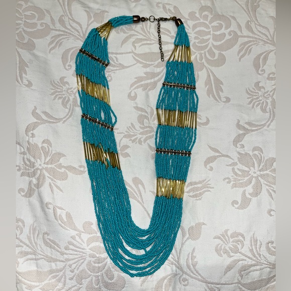 Blue beaded gold statement necklace - Picture 1 of 4